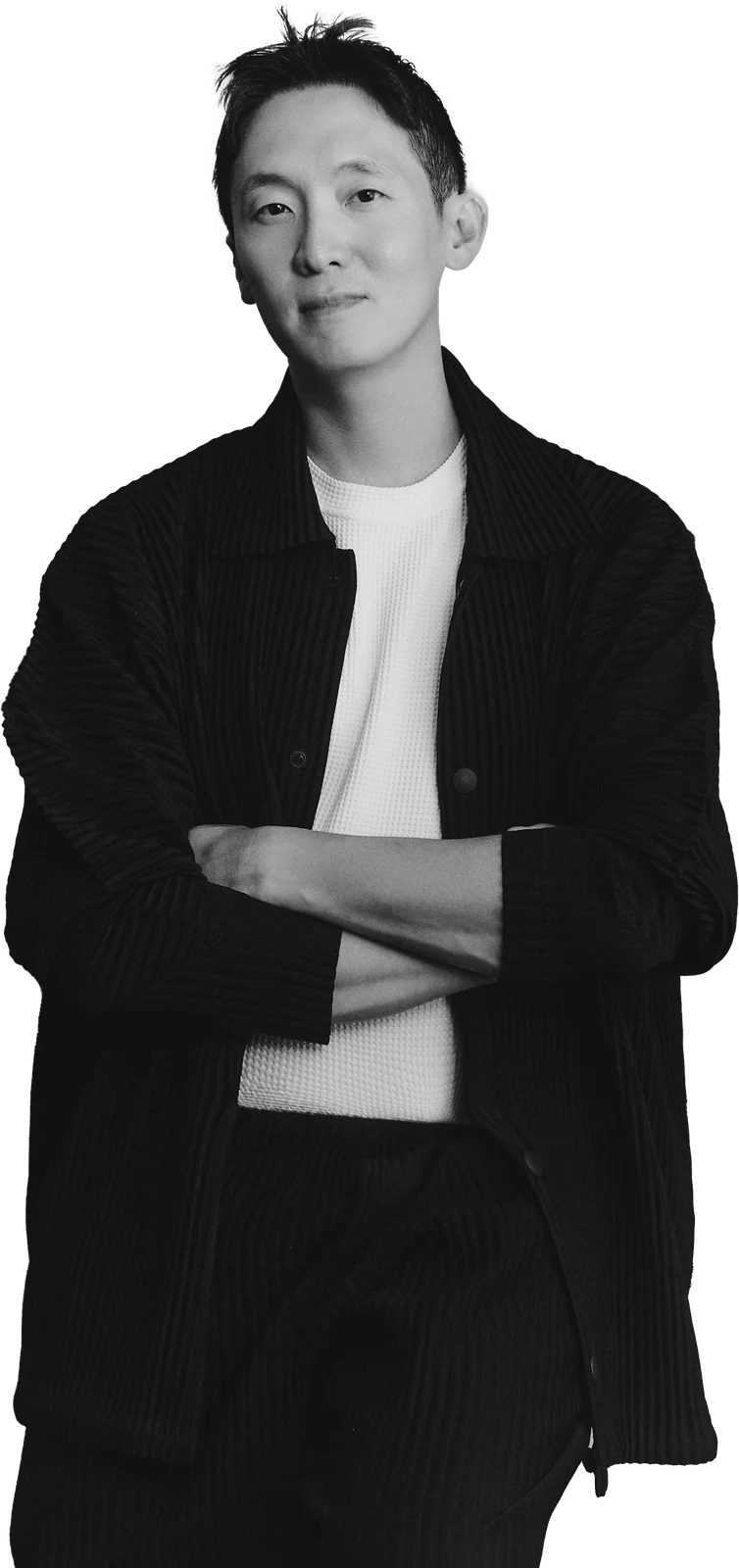 Jack Lee, arms folded, black and white portrait